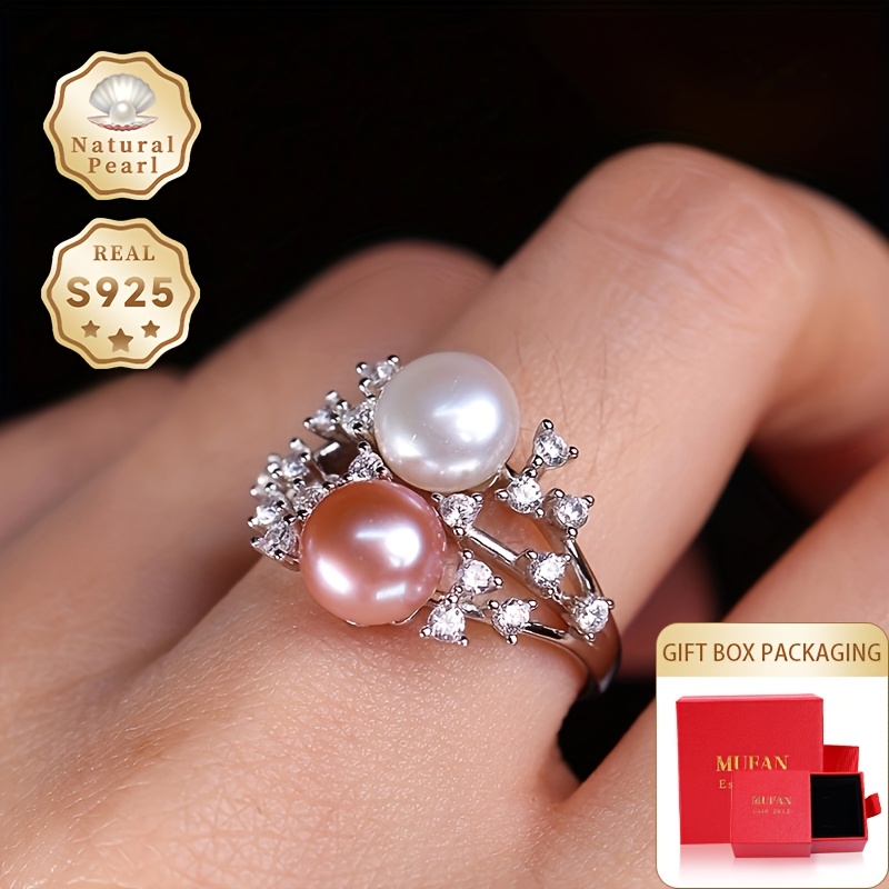 S925 Silver Pearl Ring, 7-8mm Two Tone Natural Freshwater Pearl